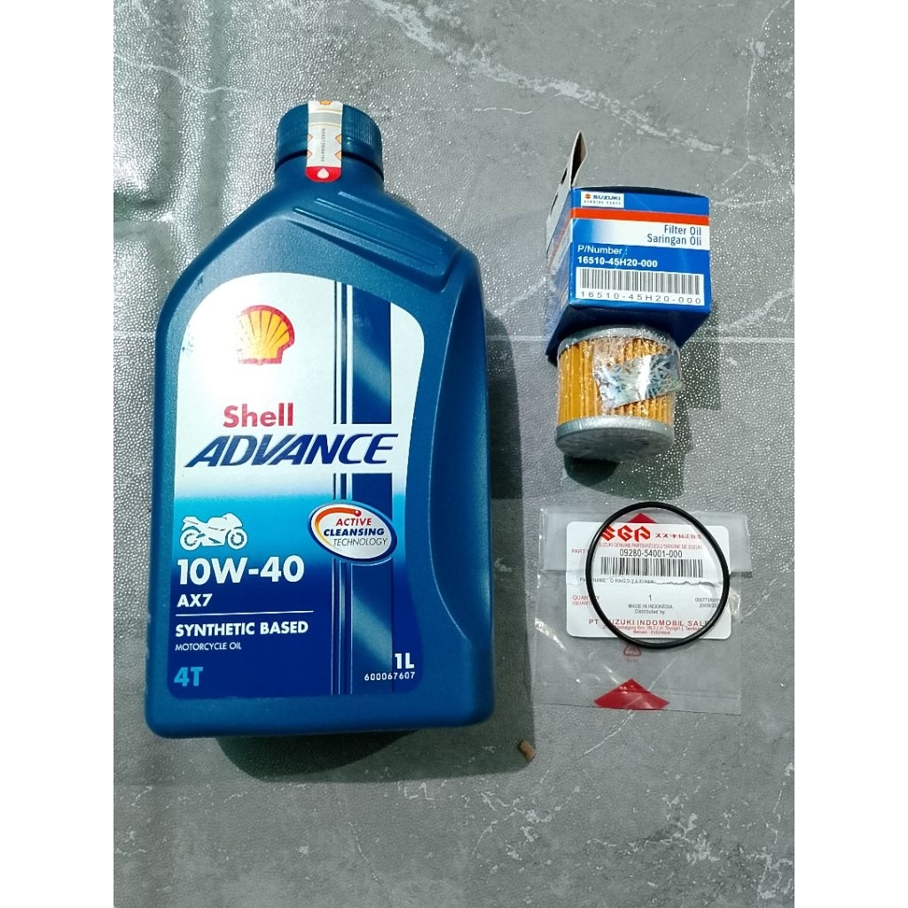 paket oli mesin Shell AX7 10w/40 1 Liter+oring filter oli satria Fu 150 smash GSX 150