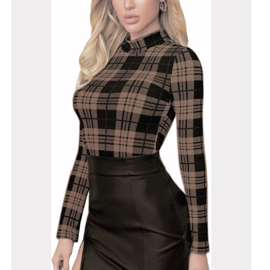 Knit Top Turtle Neck Inner Korean Style Fashion Wanita Basic Kotak-kotak Premium