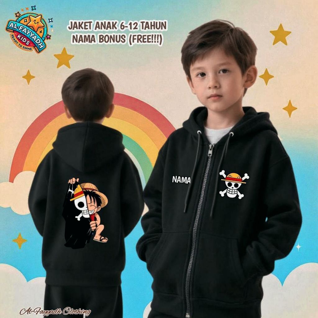JAKET SWEATER HOODIE ZIPPER ANAK LAKI LAKI ANIME ONE PIECE - FASHION ANAK COWOK KEREN USIA 6-12 TAHU