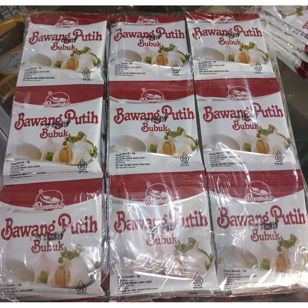 

BUMBUKU BAWANG PUTIH BUBUK 5 Gram x 12pcs (1Renteng)
