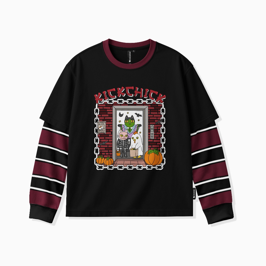 Kickchick Doublesleeve Stripe Fright Night Black Maroon  | Kaos Atasan | Lengan Panjang Unisex | KC-