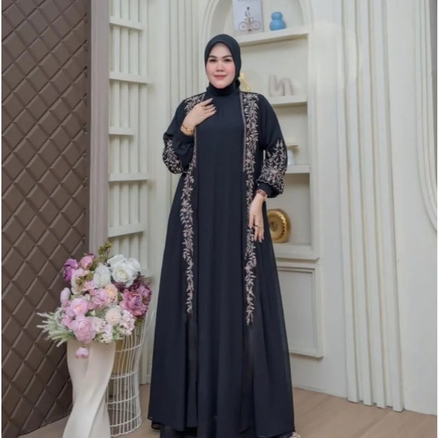 MAHRA ABAYA SET Outer Baju Abaya Hitam Bordir Set Gamis Dan Outer Terpisah Bahan Ceruty Babydoll Aba