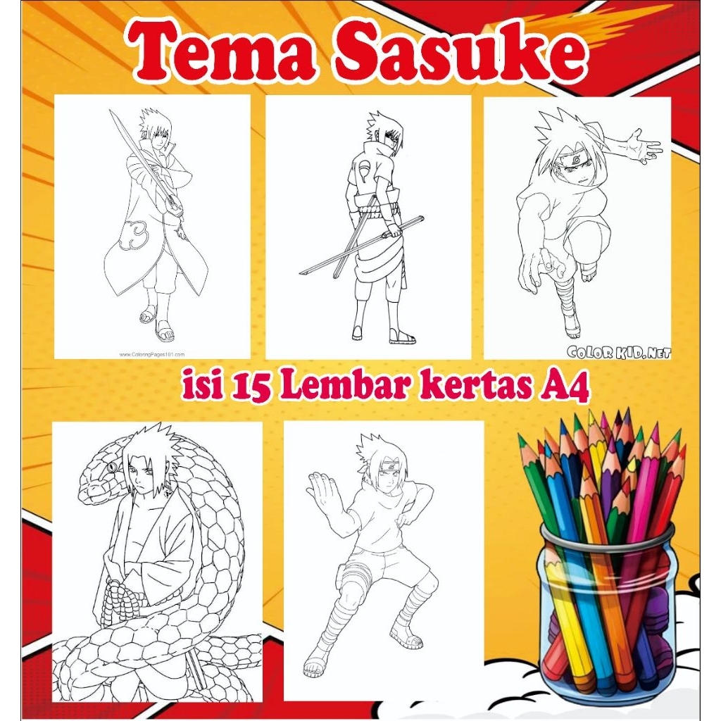 

Mewarnai gambar Tema Sasuke isi 15 Lembar (kertas A4)