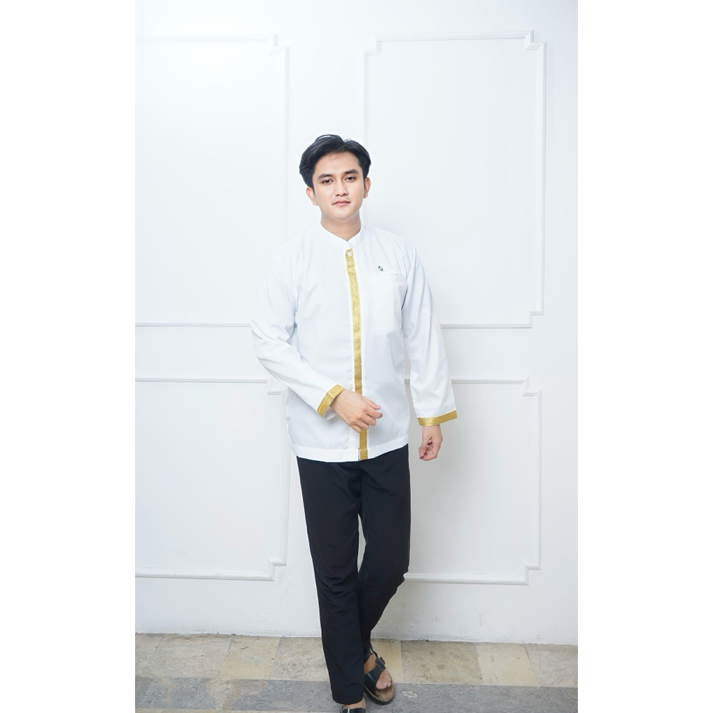 Baju Koko Pria Shafi Putih Motif Emas - AR Rauf Collection