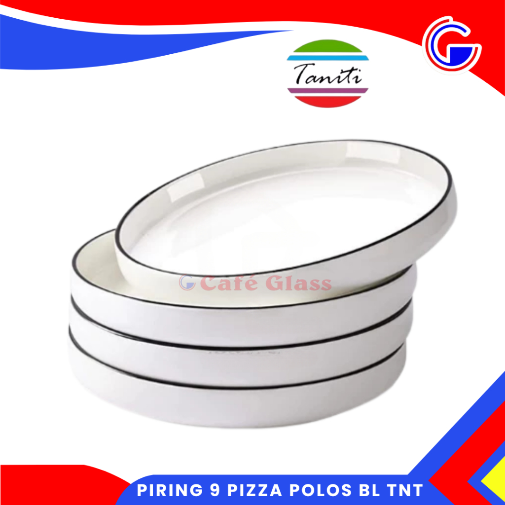 PIRING 9 INCH PIZZA POLOS LIST HITAM TANITI I PIRING SAJI BULAT PUTIH I PIRING KERAMIK MINIMALIS