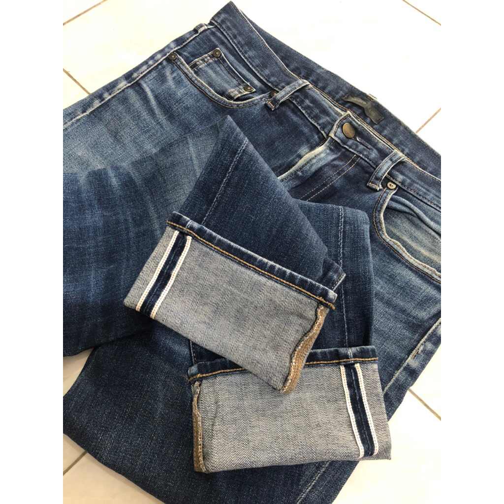 SOLD OUT (LAKU) Uniqlo jeans ripped selvedge, fadding, denim vintage celana pria sobek