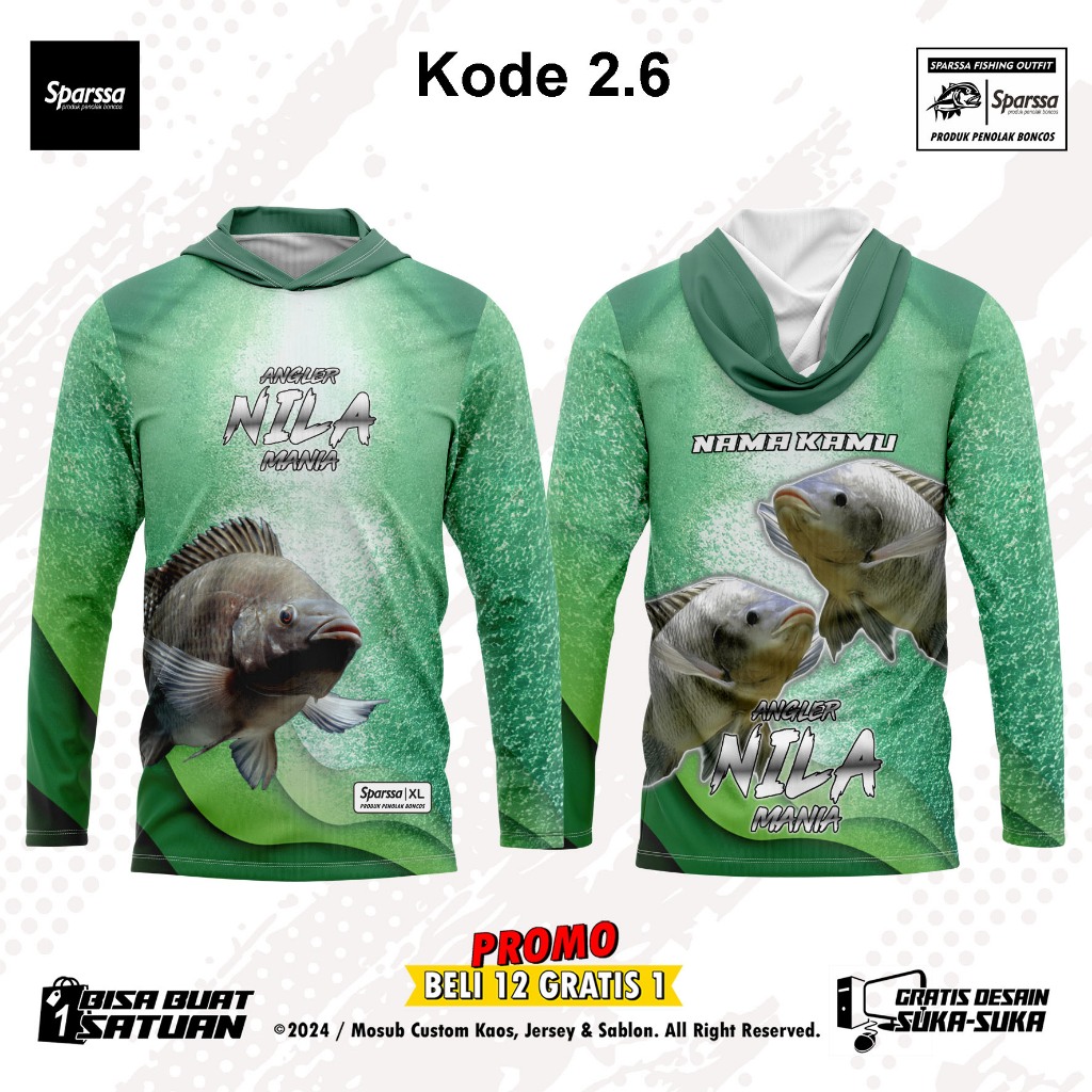 Jersey Mancing ikan Nila premium lengan panjang full print bisa tambah nama Gratis Ongkir Kode 2.6