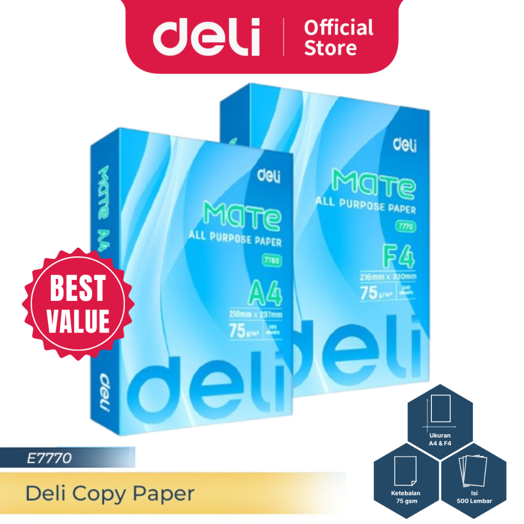 

Deli Copy Paper Kertas A4 500 lembar 75 gsm Kertas HVS 1 rim Kertas Fotokopi E77X0
