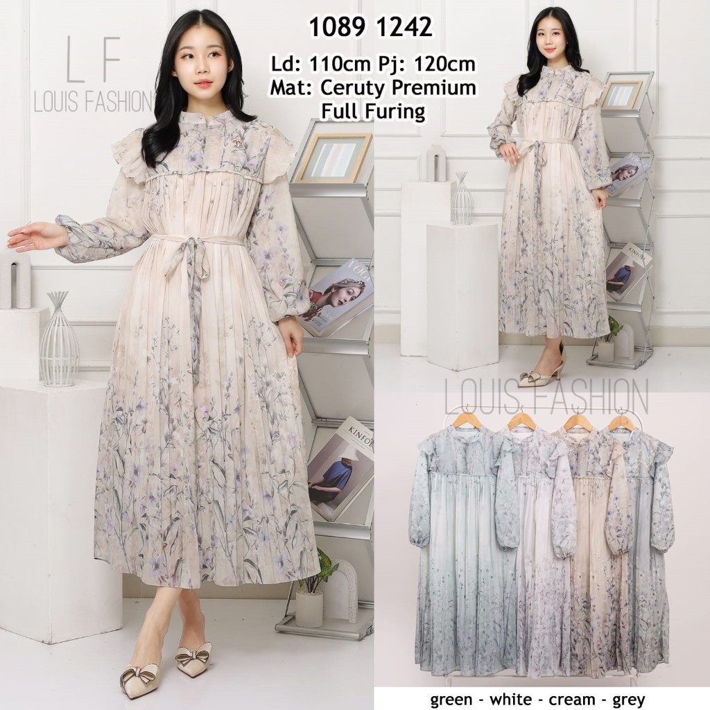 midi dress ceruty premium,plisket motif bunga,full furing,free brose dan belt