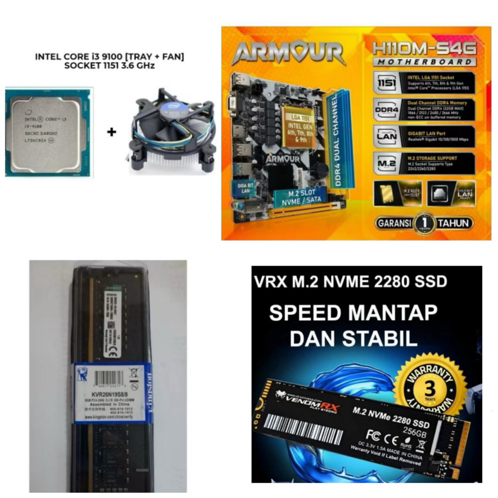 Paket Processor Intel Core i3 9100 Gen 9 LGA 1151 DDR4 NVME H110