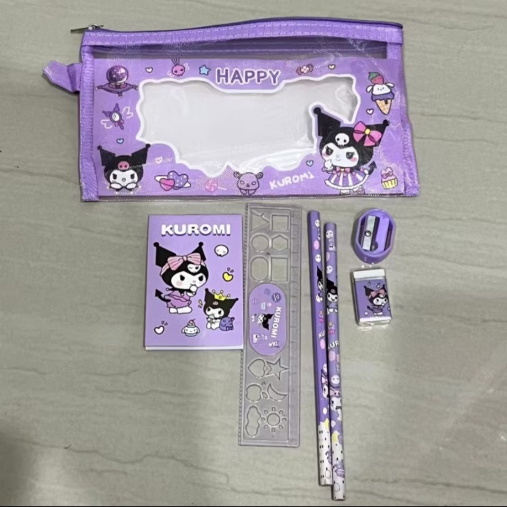 

Alat Tulis Set 7 in 1 Karakter Kuromi Lucu Pouch Net Stationery Hadiah Anak Sanrio dinosaurus cinnamorol penghapus penggaris kotak pensil souvenir hampers iulang tahun