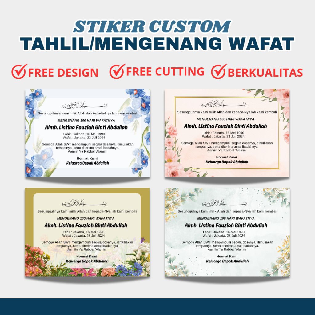 

STIKER TAHLILAN STIKER MENGENANG WAFATNYA BAHAN CHROMO GLOSSY TINGGAL TEMPEL TERMURAH UKURAN 7X10CM DAN 10X14CM FREE DESAIN FREE CUTRING SUDAH POTONG