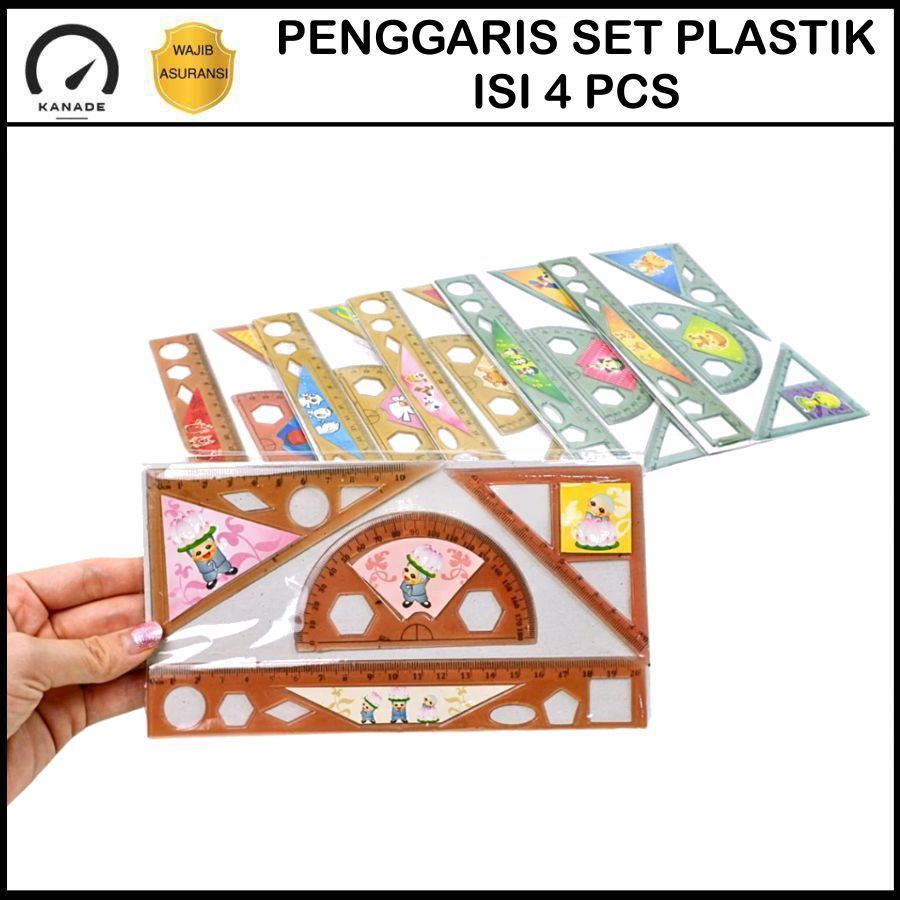 

Penggaris Set Plastik Isi 4 Pcs / Garisan Busur Siku Siku Segitiga / Ruler Set 4 In 1