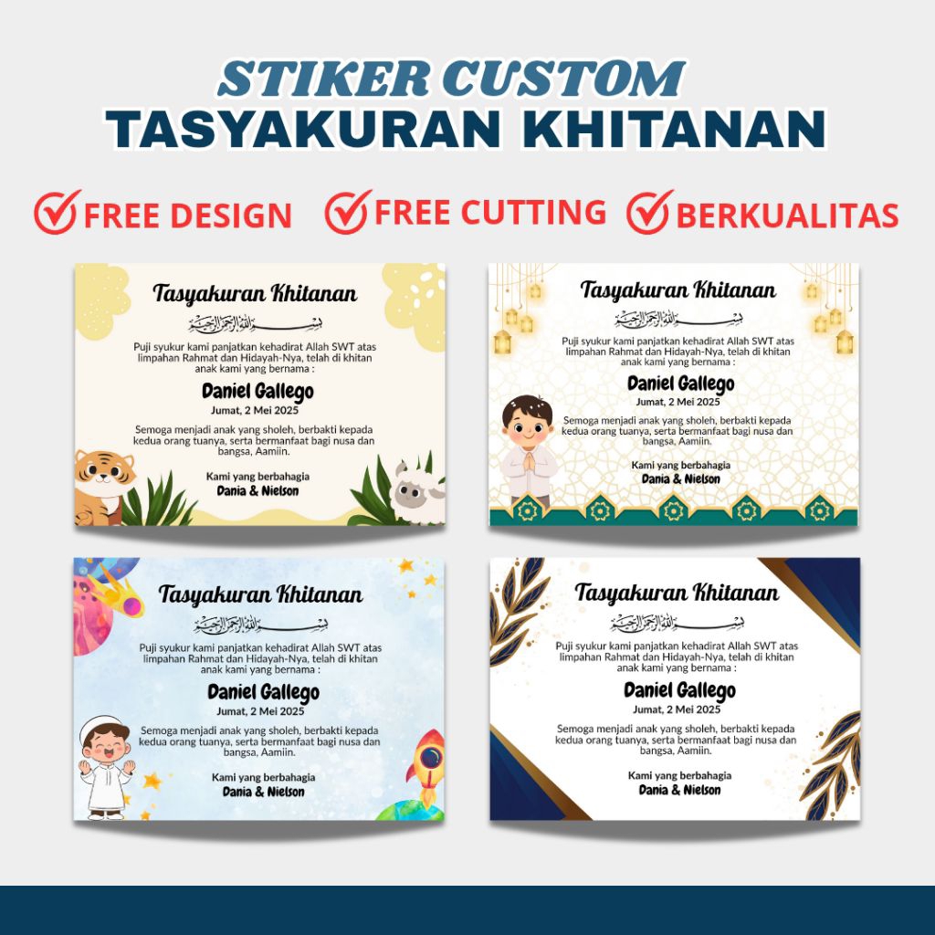 

STIKER TASYAKURAN KHITAN/WALIMATUL KHITAN STIKER SUNATAN FREE DESAIN DAN FOTO BAHAN CHROMO GLOSSY SUDAH DIPOTONG UKURAN 7X10CM DAN 10X14CM