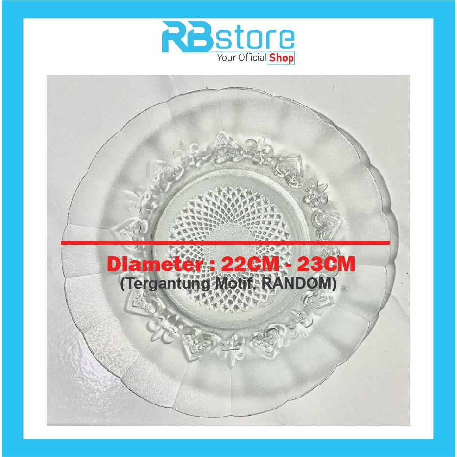 1Lusin Piring Kaca Beling isi 12 pcs Diameter 22-23cm Motif RANDOM - Super Murah Harga grosir
