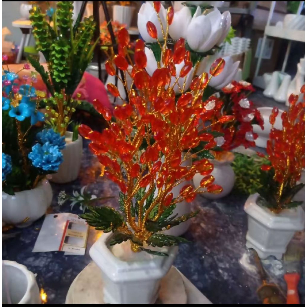 bunga akrilik bening pipih q set dengan vas keramik