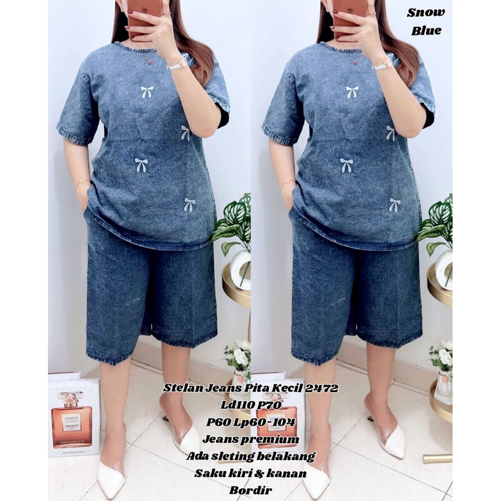 stelan jeans pita kecil bordir sleting belakang 472/setelan jeans 7/8 bordir pita