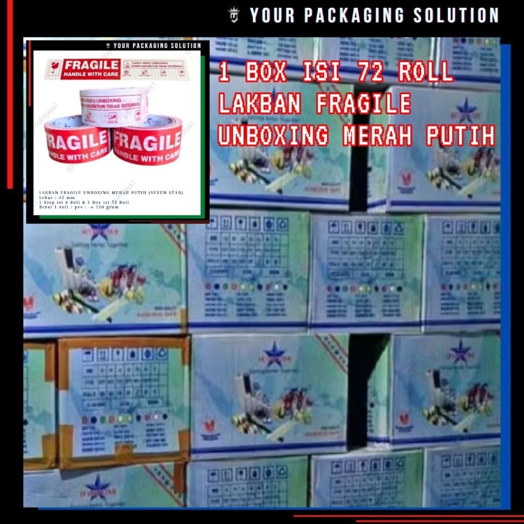 

1 BOX (72 ROLL) LAKBAN UNBOXING MERAH PUTIH STAR 45MM