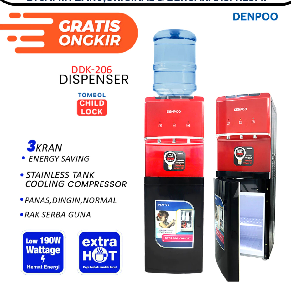 Denpoo Dispenser Galon Atas Compressor Panas,Dingin es & Normal Denpoo DDK 206