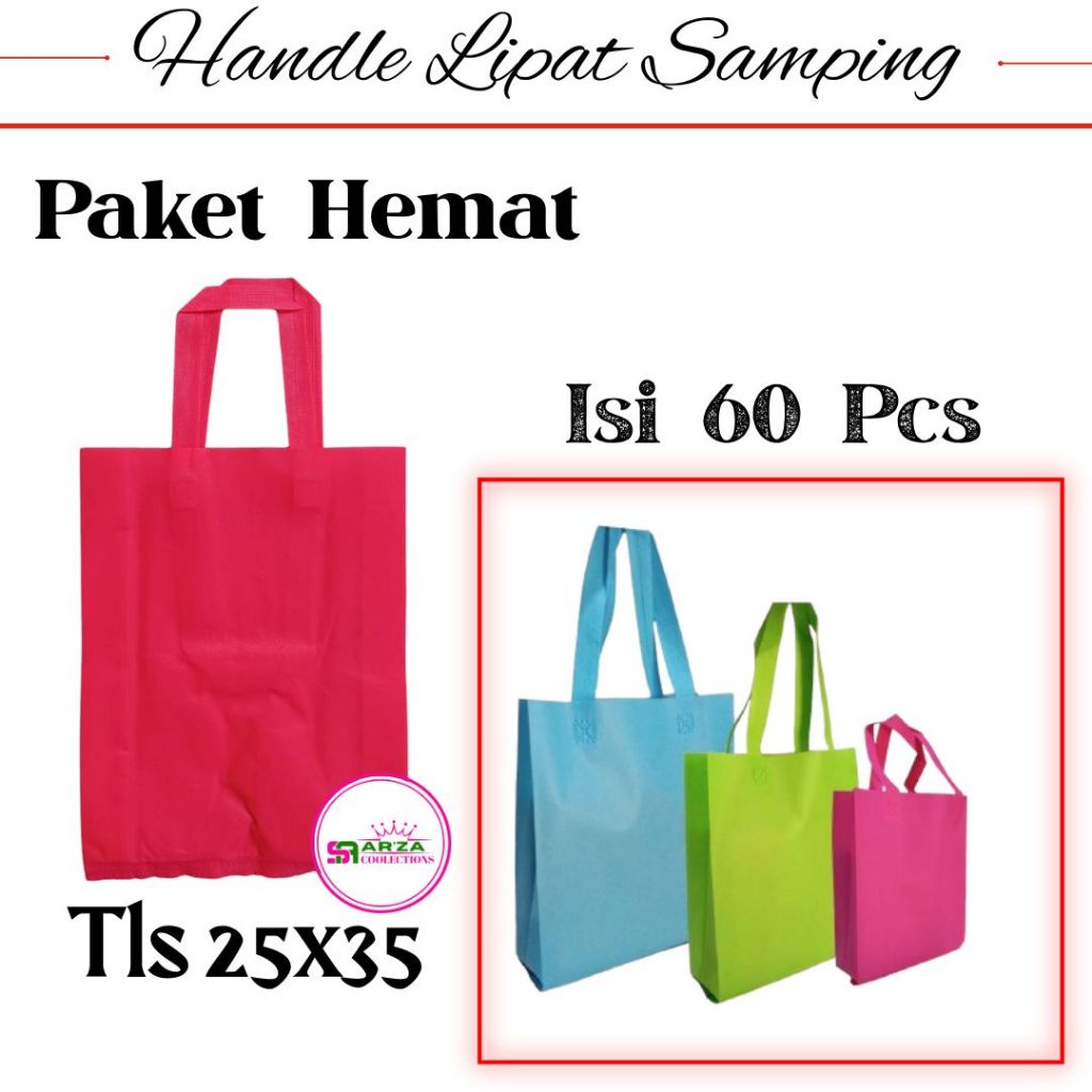 

PAKET HEMAT Handle Lipat Samping Ukuran 25 x 35 Isi 60 PCS, Tas Goodiebag,Tas Sovenir, Tas Spundbond