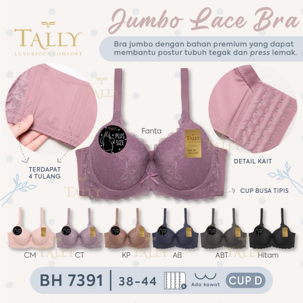 1pcs Bra Tally 7391 Kait 6 Kawat Busa Tipis Renda Cup D Jumbo Tally