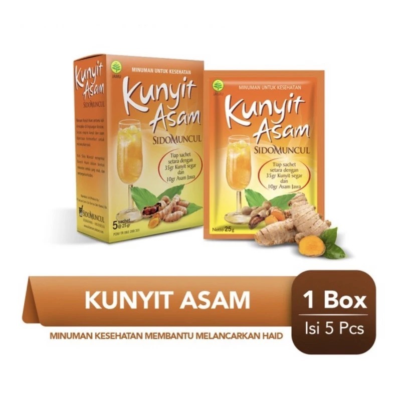 

Minuman Herbal Kunyit Asam Sidomuncul Isi 5 pcs/Box / Pelancar Datang Bulan / Atasi bau tak sedap