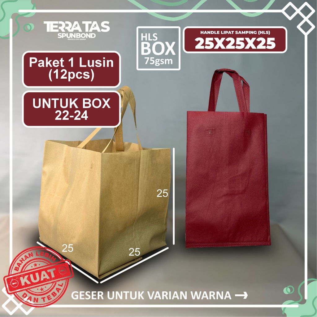 

Paket 1 Lusin 12pcs 75 GSM 25x25x25 Untuk Box 22-24 Tas Kantong Belanja Tote Bag Souvenir Hampers Kain Spunbond