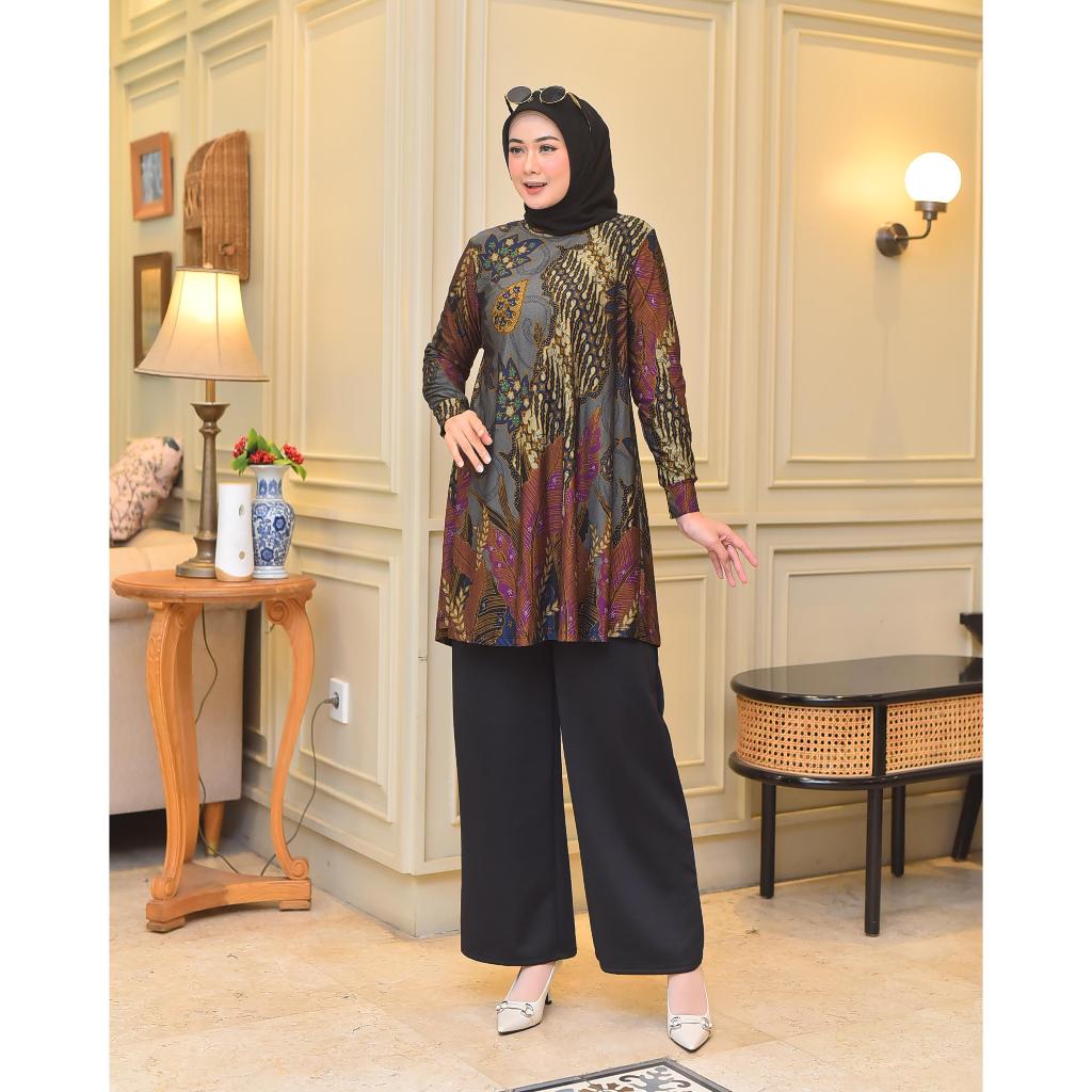 AQILA-TUNIK LOS Batik Wanita Lengan Panjang Motif BATIK KEKINIAN Bahan Denim/ Calvin Jeans