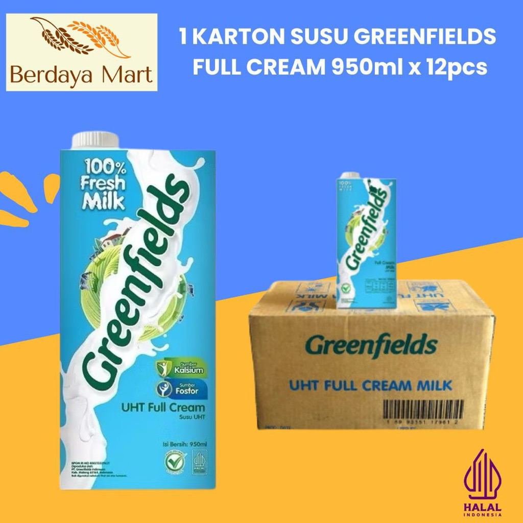 

Greenfields Susu UHT Full Cream 1 Dus Isi 12 Pack X 950ml