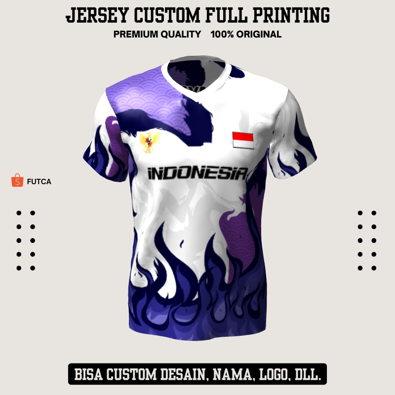 Kaos Jersey Futsal Putih Ungu Motif Abstrak Api 558 - Jersey Volly, Badminton, Lari, Dll.