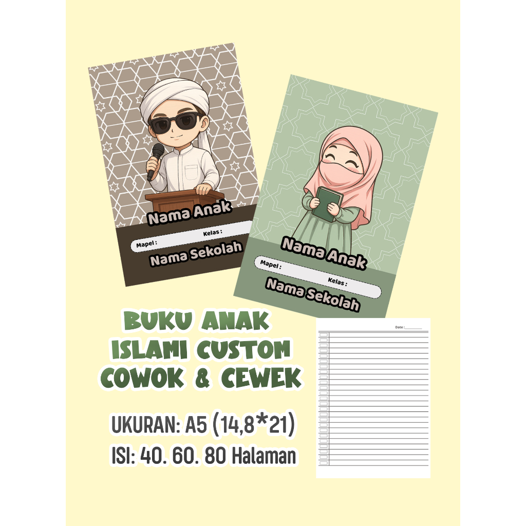 

Buku Tulis Custom - Buku Tulis untuk Sekolah - Tema Anak Islami Custom Cowok Cewek - BKT