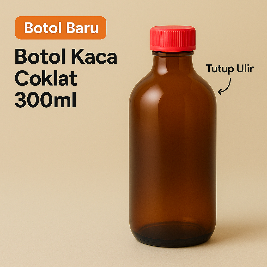 [Botol Baru] Botol Kaca Coklat 300ml + Tutup  - Untuk Botol Jamu, Botol Kopi Dingin, Botol Sirup, Bo