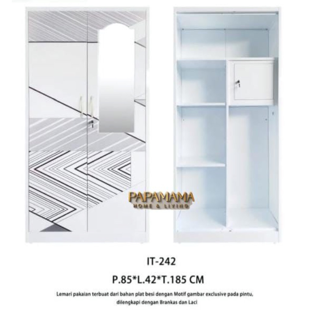 Lemari Pakaian 2 Pintu Kaca Setengah - Lemari Baju Plat Besi Uk.85cm - Lemari Pakaian Minimalis - Me