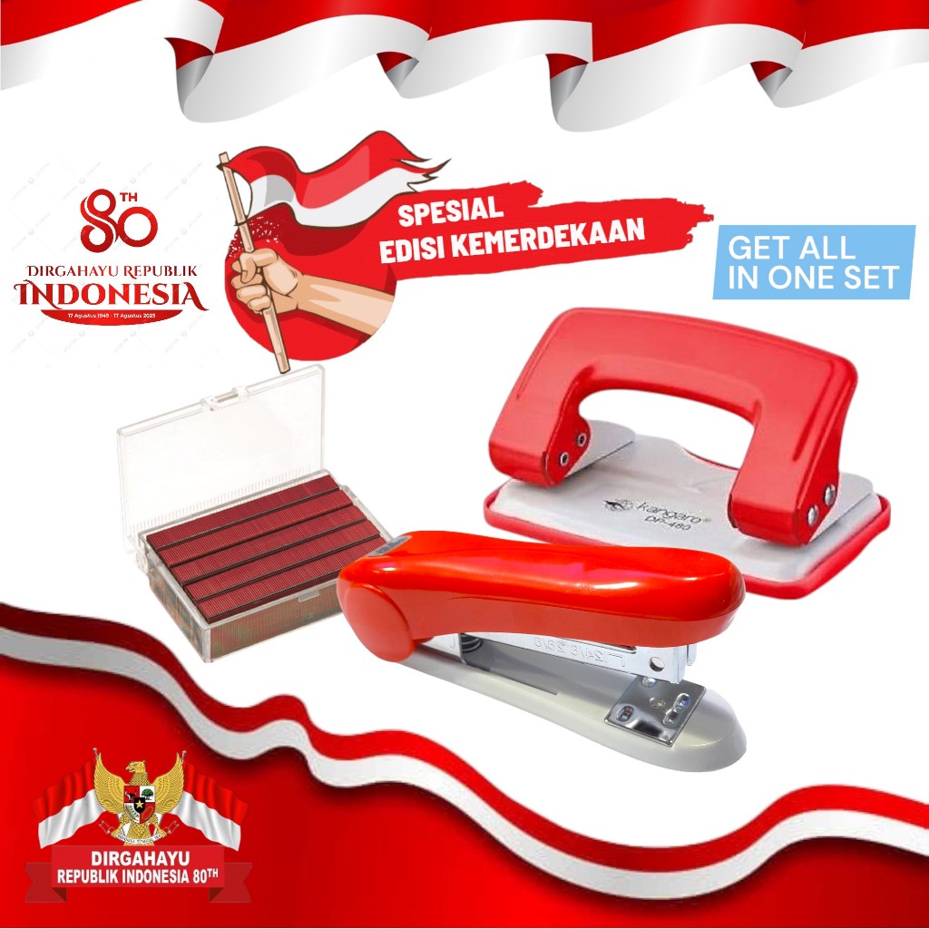 

Spesial Edisi Kemerdekaan Stapler CHD-55 Merah COMBO / Pembolong Kertas DP-480 Insiro KANGARO / Isi Staples No.3 (24/6) Merah KANGARO