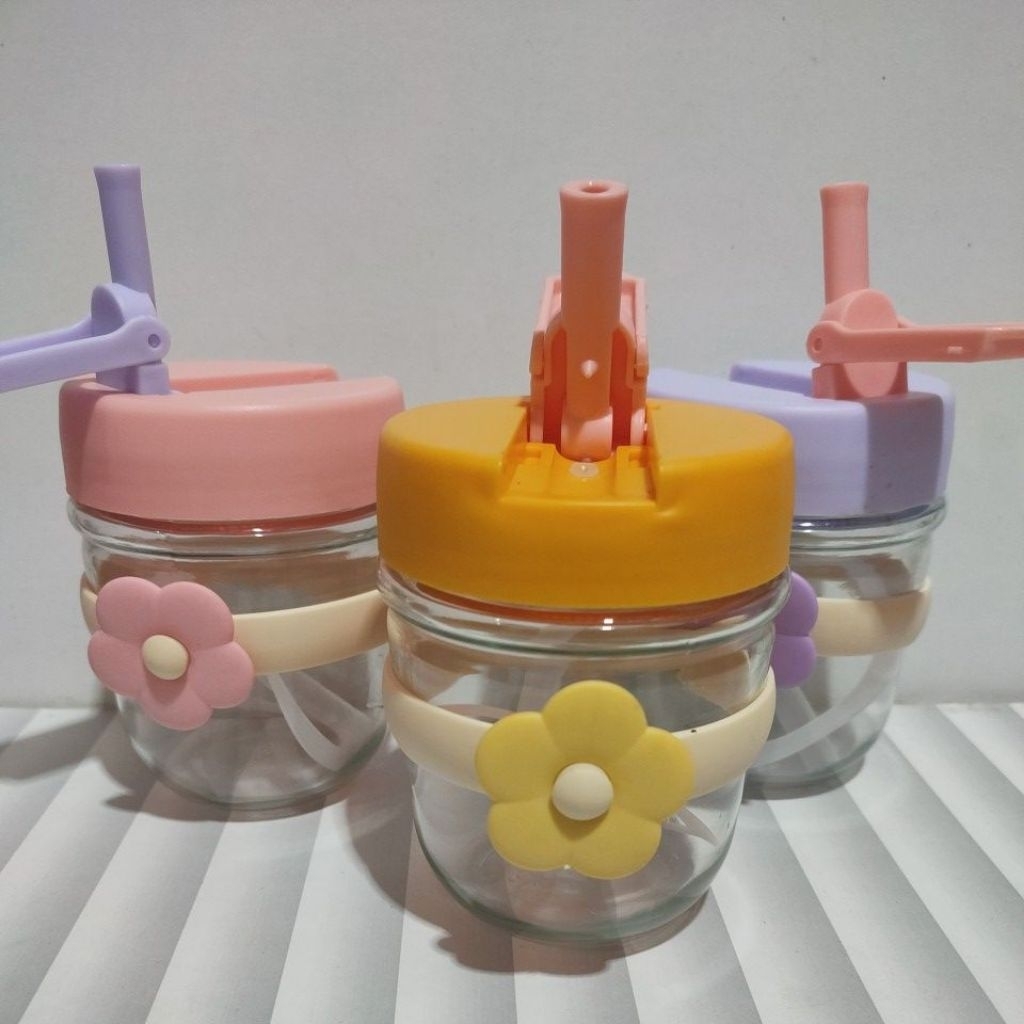 TUMBLER GELAS SEDOTAN BUNGA / TUMBLER KACA BUNGA / TUMBLER ANAK / GELAS KACA