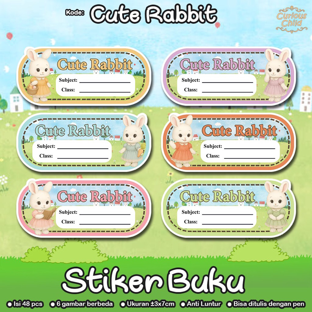 

CuriousChild.Label - 48 pcs Sticker Buku - cute rabbit