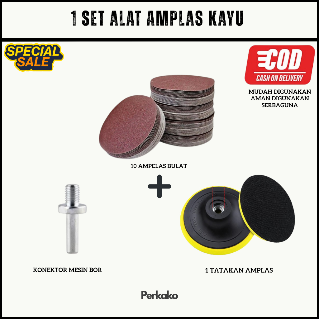 1 Set Alat Amplas Kayu Bor 10 Amplas Bulat, Tatakan dan Konektor Mesin Bor Combo Lengkap Murah
