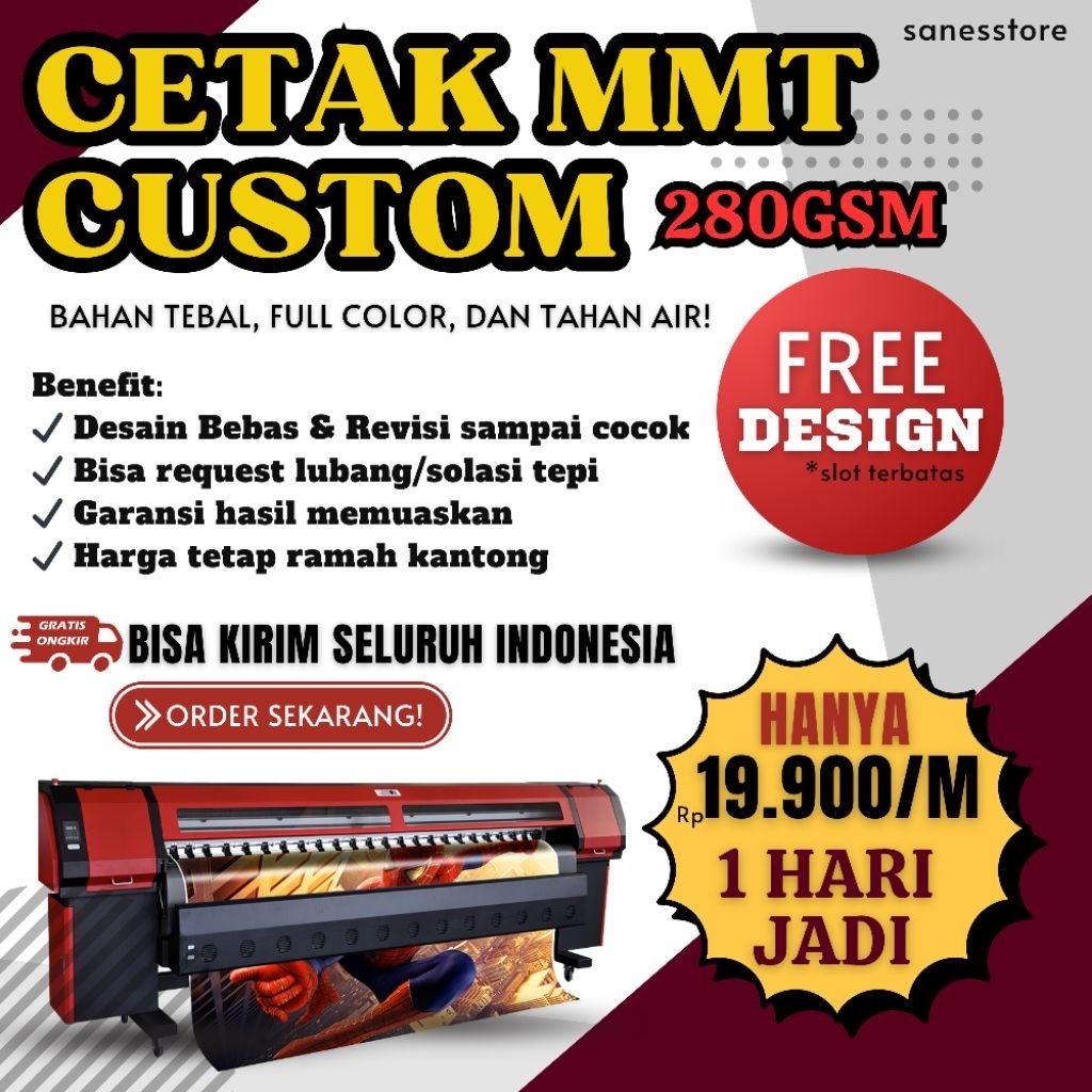 

(PROMO TERBATAS) Cetak MMT 280gsm Tebal – Free Desain + Gratis Ongkir!