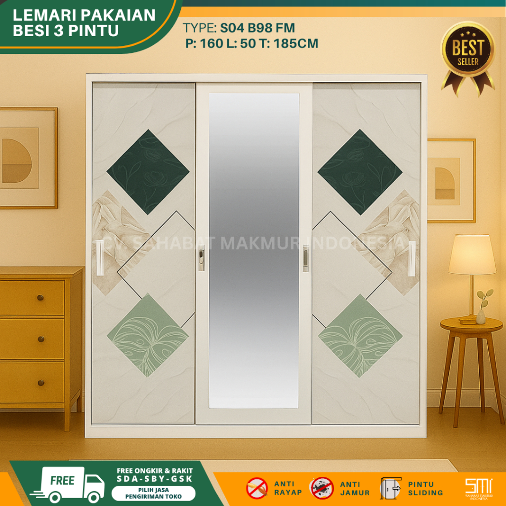 Lemari Besi 3 Pintu Jumbo - Lemari Baju Lemari Pakaian Sliding Lemari Besi Sliding 160cm Almari Baju