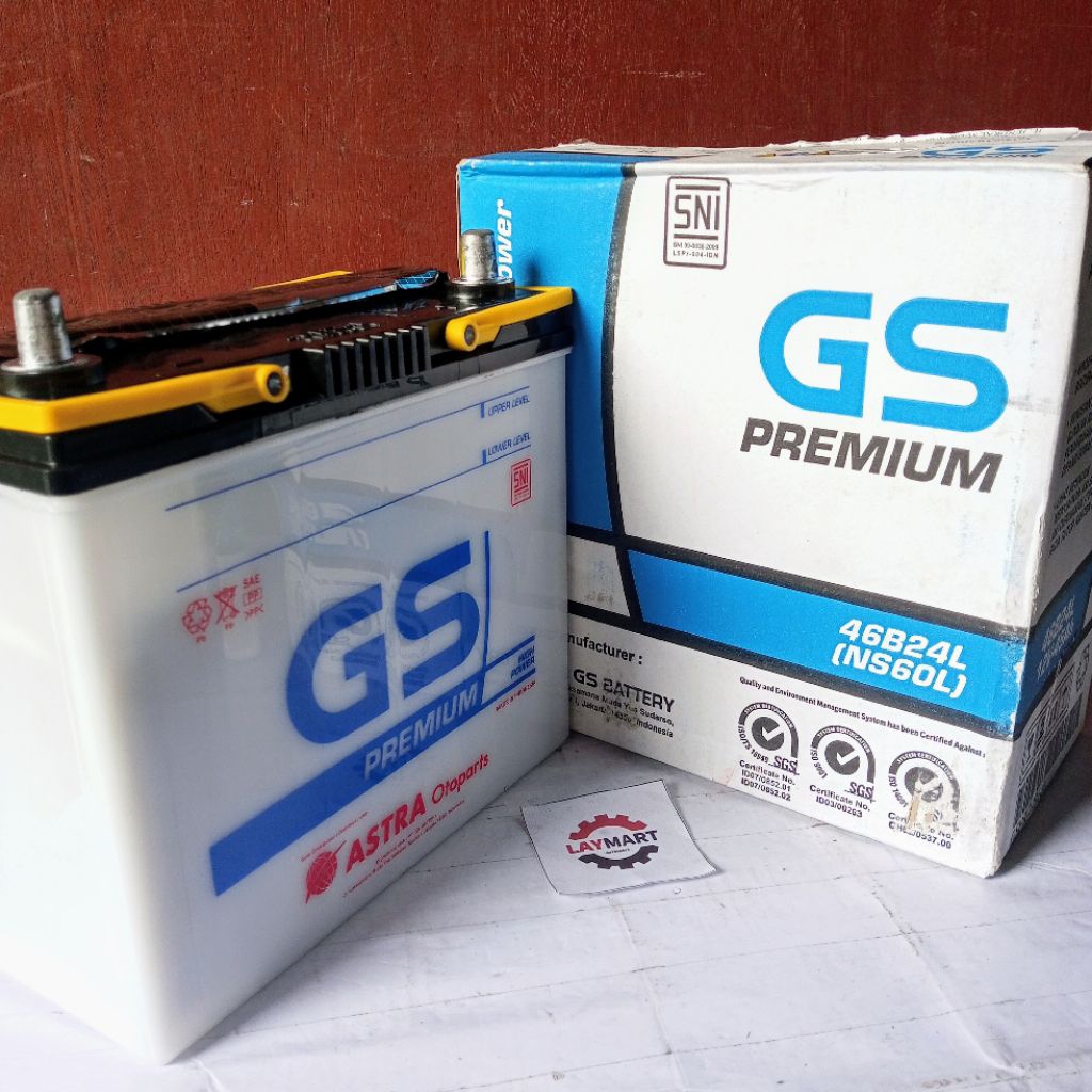 ACCU MOBIL GS PREMIUM NS60L Kapasitas Ampere 45Ah, Tegangan 12 V