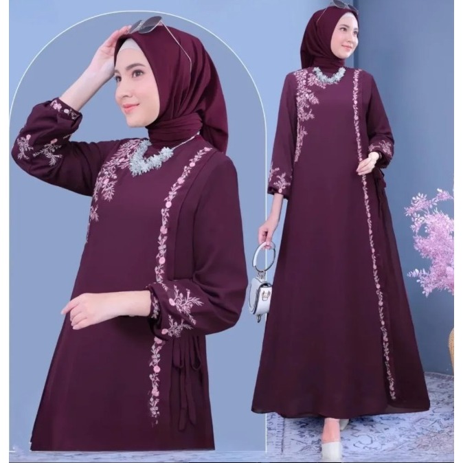 TERBARU Ganisha Dress Baju Gamis Bordir Ibu Ibu Simple Elegan Gamis Hitam 2laye Gamis Lebaran Burgun