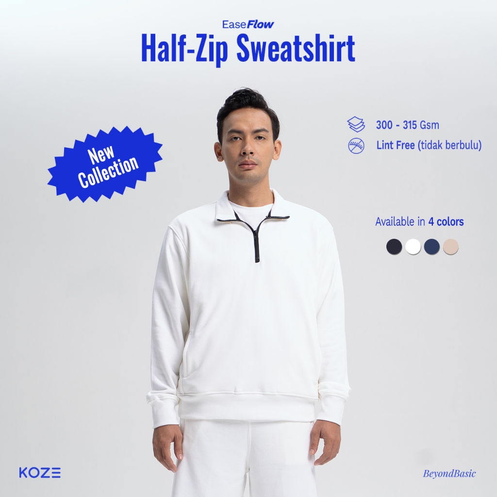 KOZE EaseFlow Half Zipper Sweater White - Sweater Half Zip Putih