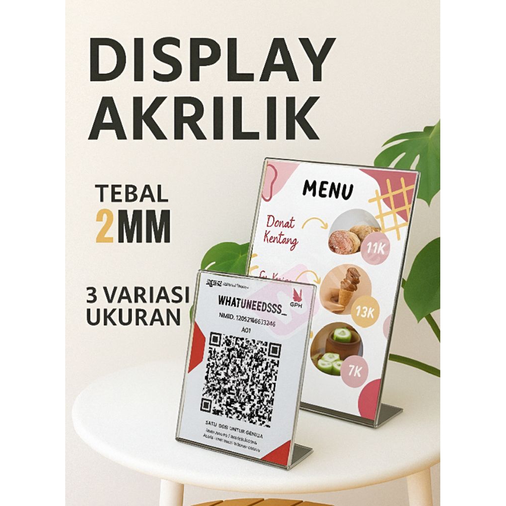 

Akrilik Display Varian L Custom/Tempat Brosur/Bebas Cetak Design/Display Menu/Qris /Nomor Menu Meja Makan/Tempat Menu Makan/Ukuran A4 A5 A6