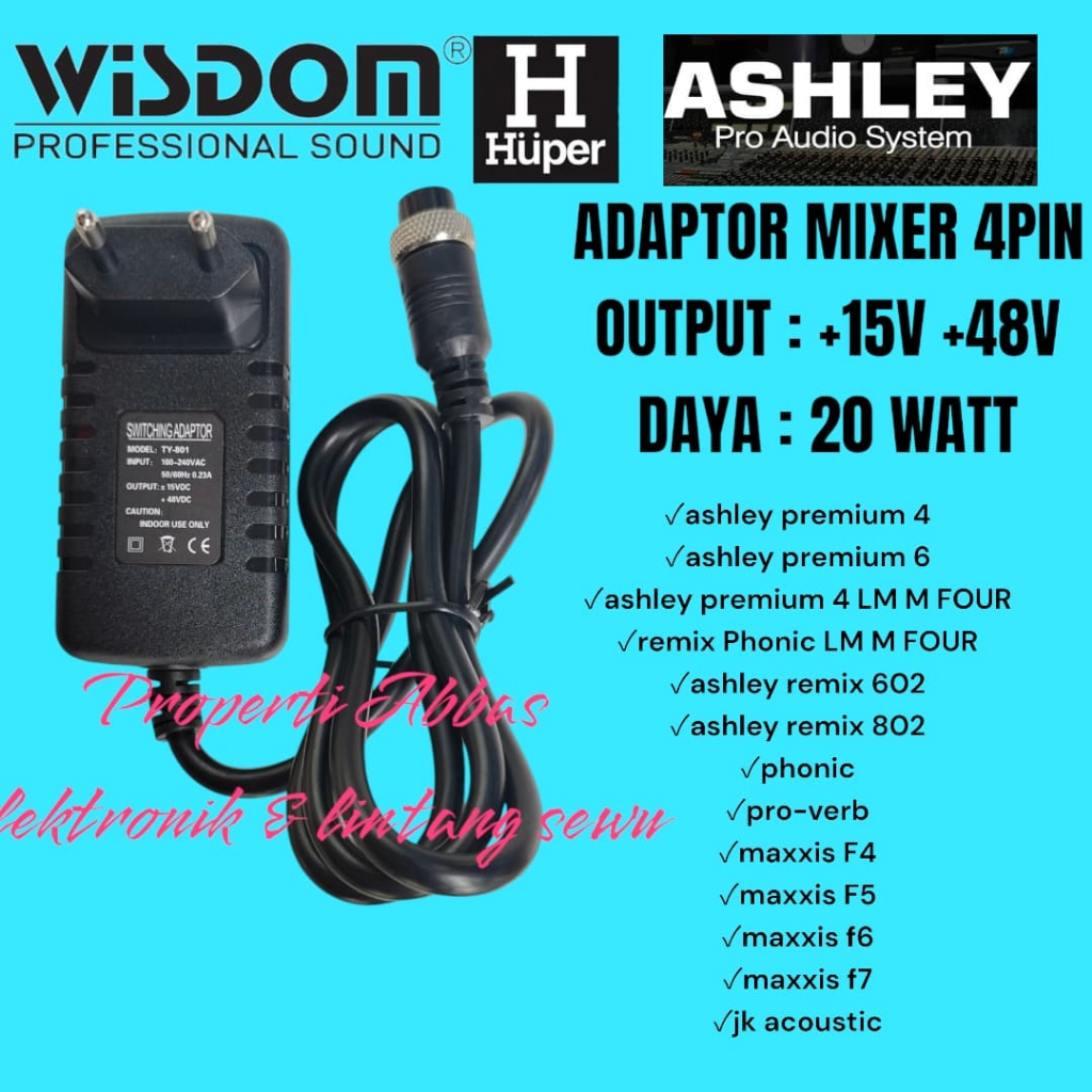 POWER SUPLY ADAPTOR MIXER AUDIO ASHLEY BETAVO 4 PIN 15VDC 48VDC FJ-18 +15V +48V 4PIN PEAVEY 8Y