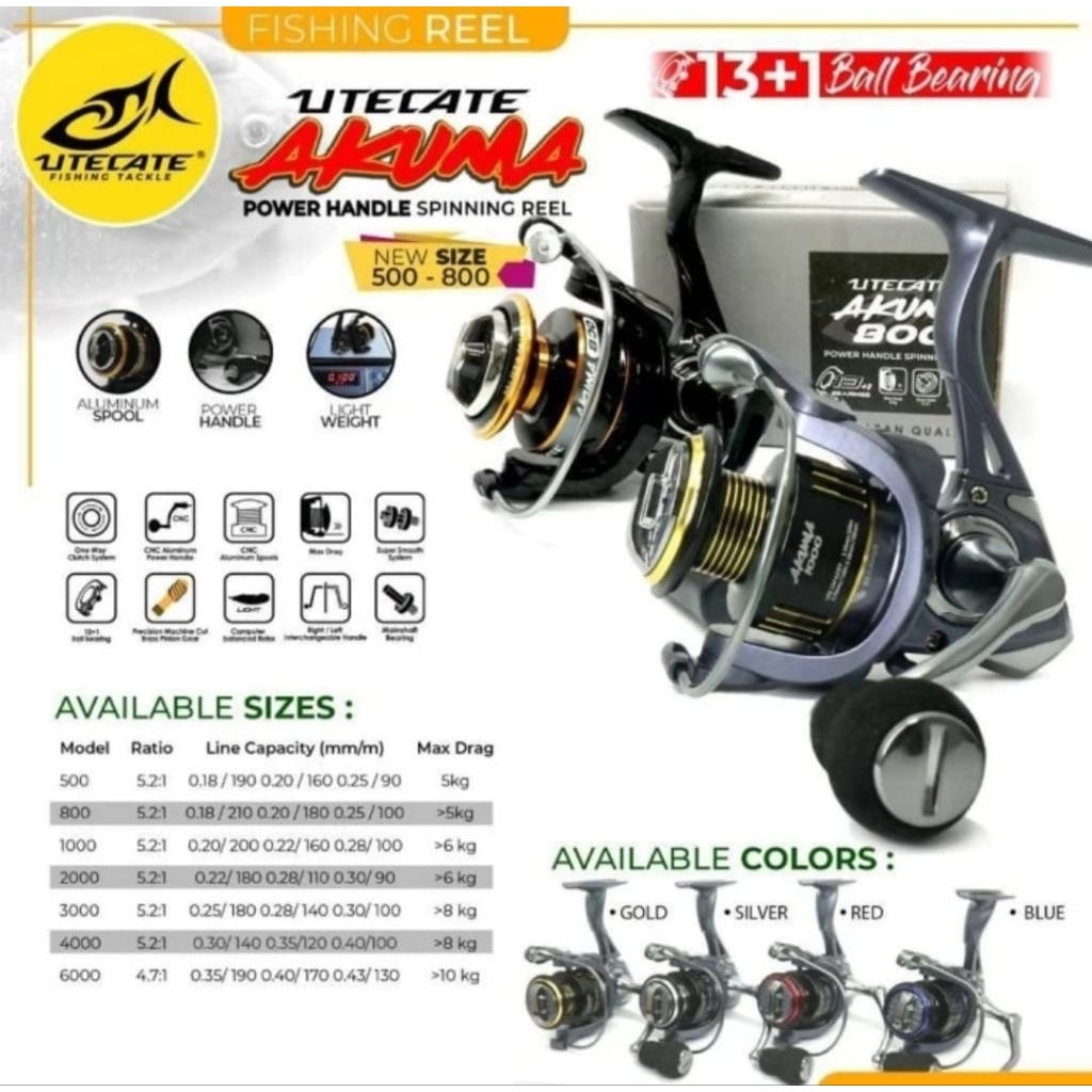 Reel Pancing Spinning Utecate Akuma 500-800 PH,Super Smooth System,13+1 Ball Bearing,CNC Aluminium S