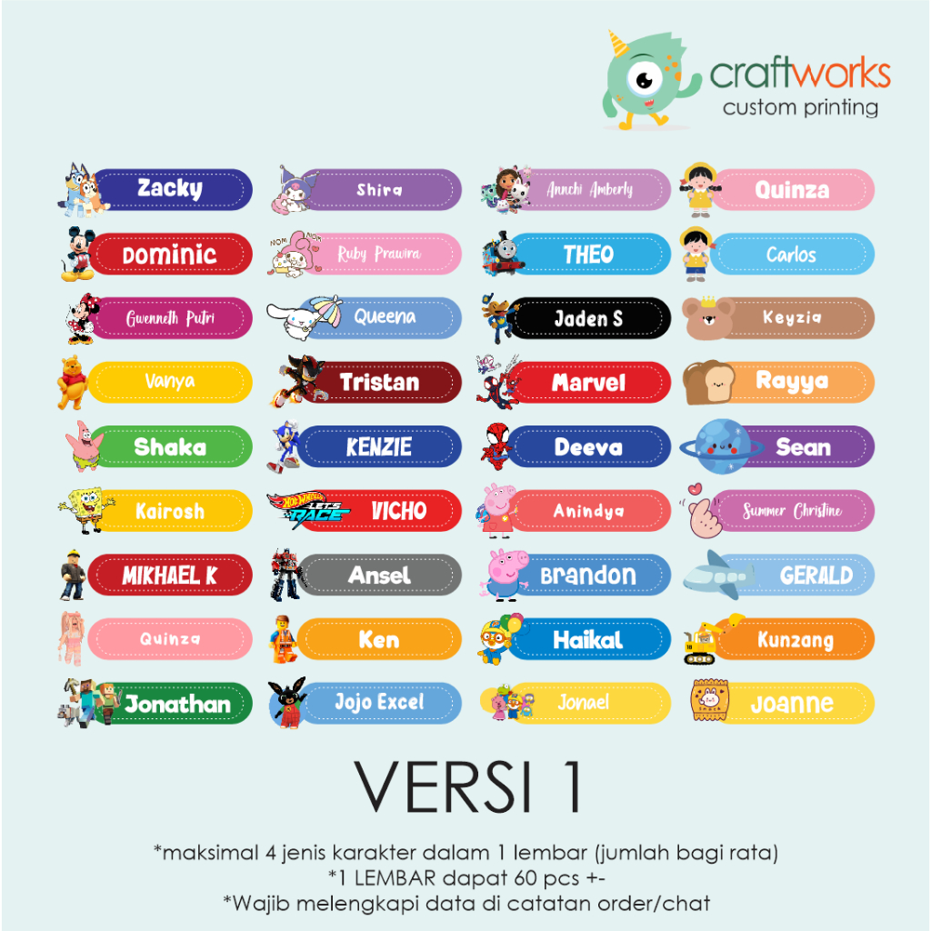 

Ay00! STICKER LABEL NAMA ANAK TAHAN AIR - 7x2 centi 60 PCS MIX 4 MOTIF KISS CUT STICKER