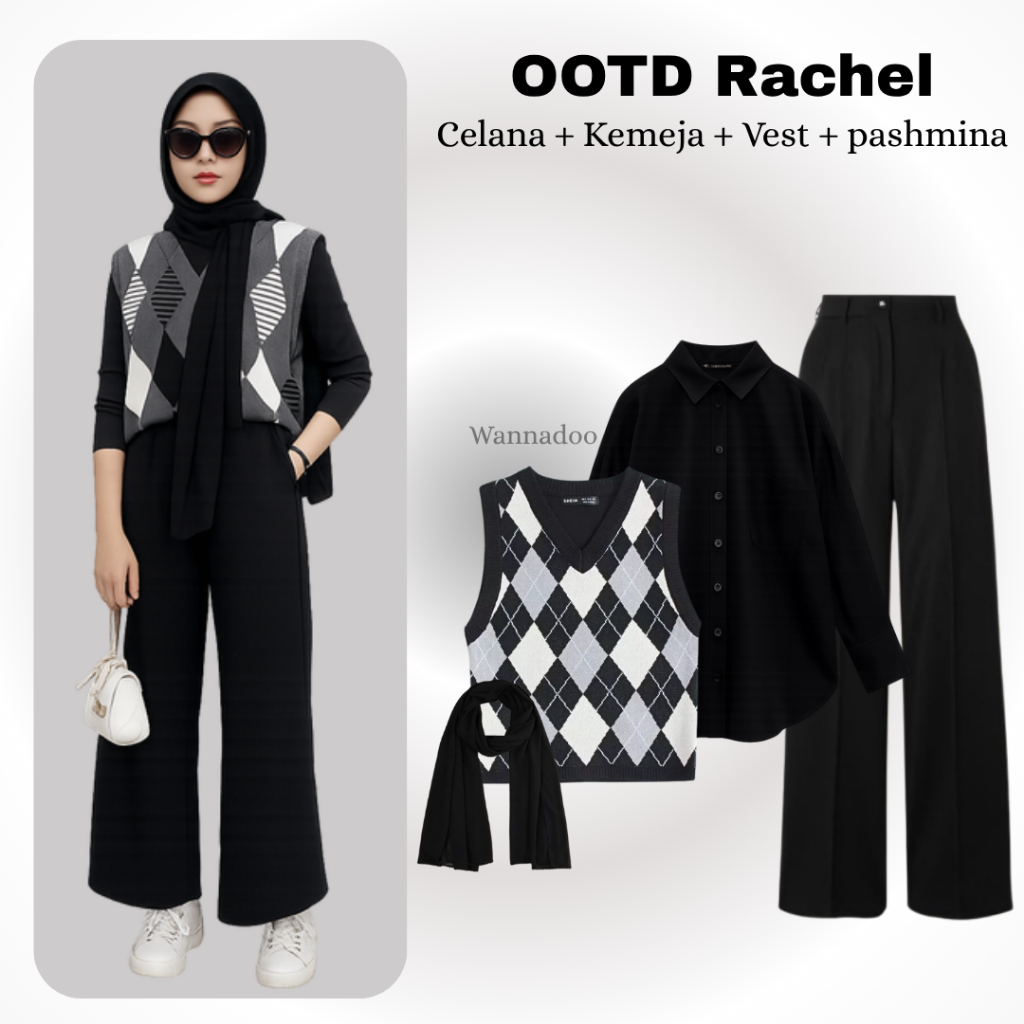 Rachel Outfit Set Wanita Hijab ( Vest Rajut + Kemeja + Celana + Bellasquare ) Setelan One Set OOTD