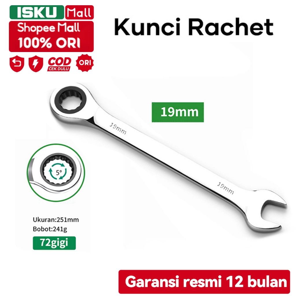 ISKU Kunci Ring Pas Wrench Spanner Ringpas  19mm Bahan Kuat Anti Karat Alat Perkakas Ring Wrench