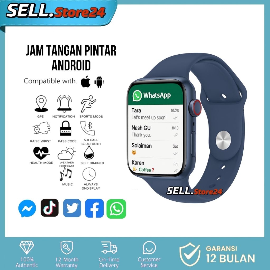 Jam Tangan SmartWatch Pintar Android Touchscreen Layar Sentuh Anti Air Pria Wanita Kesehatan Olahrag