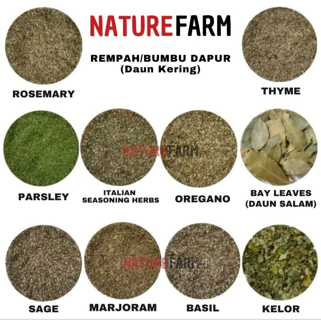 

Rempah Daun Kering Parsley/Oregano/Thyme/Rosemary/Italian Herbs/Marjoram/Sage/Basil/Bay Leaves/Kelor Pouch 20gr